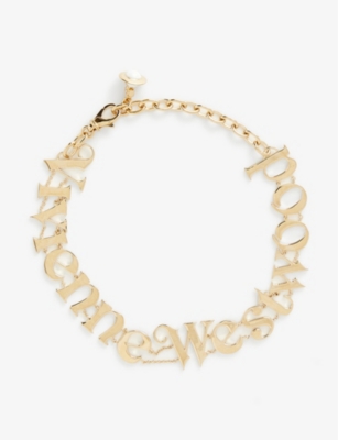 Vivienne Westwood Jewellery Raimunda Branded-lettering Brass Choker In Gold / White Enamel