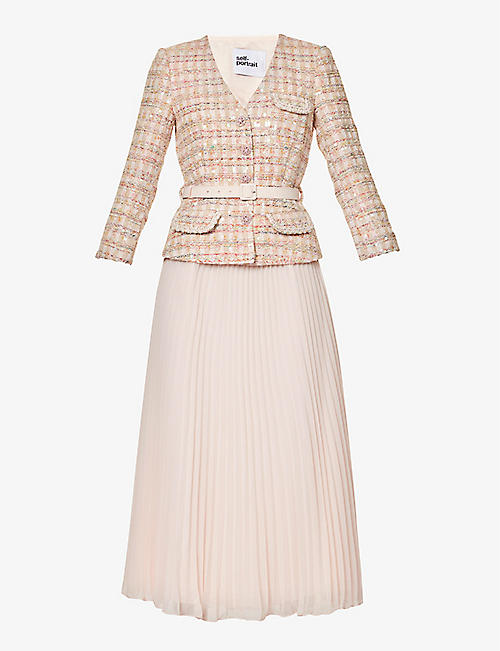 SELF-PORTRAIT: Sequin-embellished pleated-skirt woven midi dress