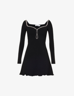 SELF-PORTRAIT: Diamante-embellished ribbed-texture knitted mini dress