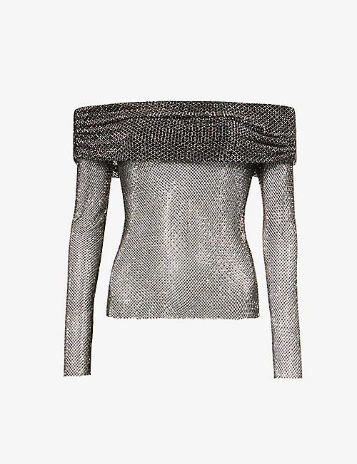 SELF-PORTRAIT: Off-the-shoulder rhinestone-embellished woven top