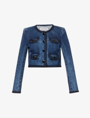 Self-portrait Blue Cropped Jacket With Patch Pocket In Textured Denim Woman In Blue