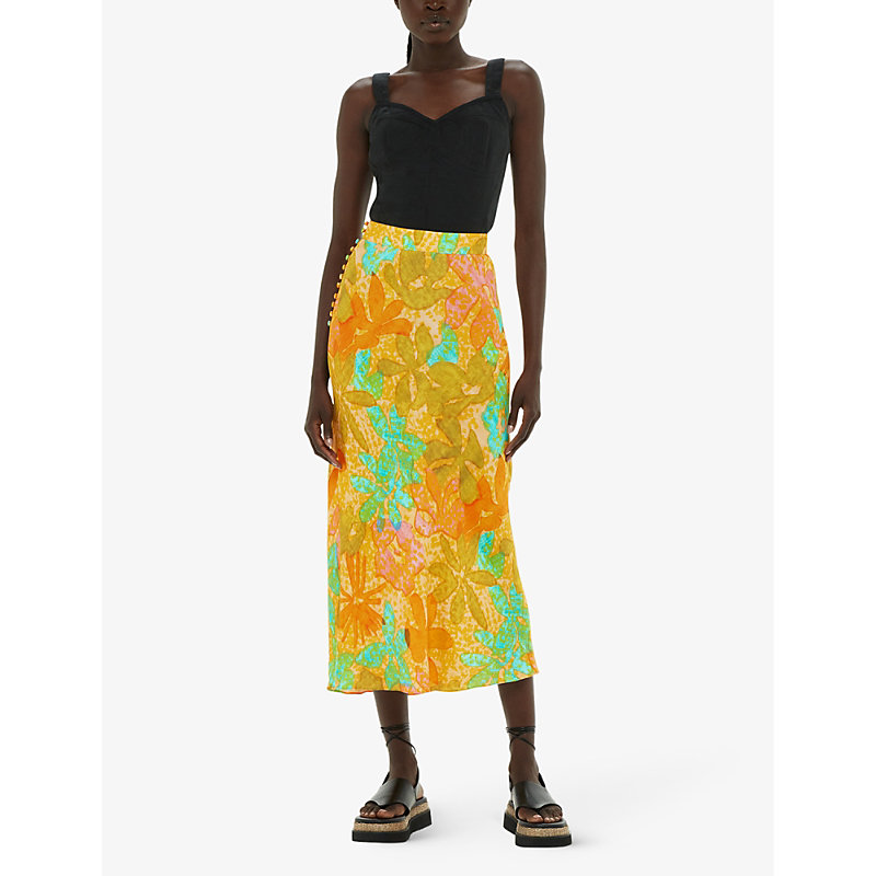 Shop Whistles Womens Multi-coloured Palm Floral-print Button-embellished Woven Midi Skirt