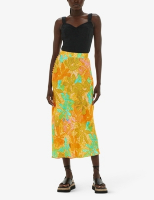 Palm floral-print button-embellished woven midi skirt