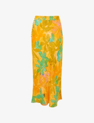 WHISTLES: Palm floral-print button-embellished woven midi skirt