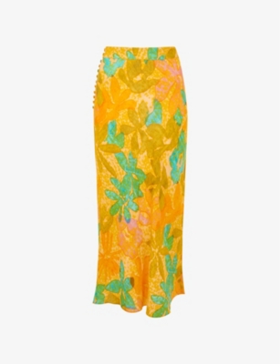 Whistles Womens Multi-coloured Palm Floral-print Button-embellished Woven Midi Skirt In Multi-coloured