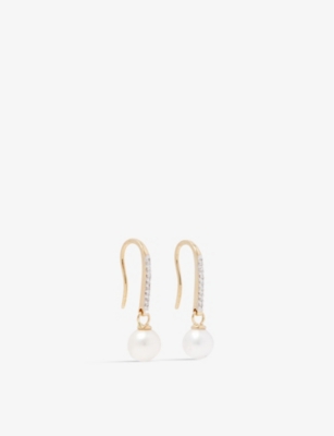 Mateo Womens 14kt Yellow Gold Asymmetric 14ct Yellow-gold, Pearl And 0.08ct Diamond Earrings