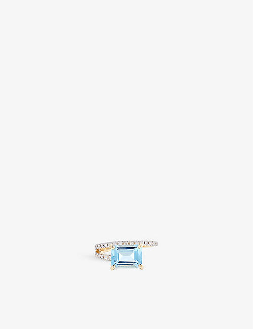 MATEO: Embellished-band 14ct yellow-gold 2ct blue topaz and 0.24ct diamond ring