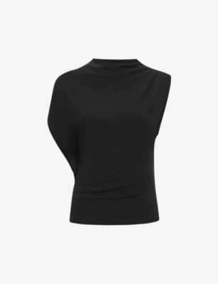 Reiss Eva Asymmetric-neck Draped Stretch-woven Top In Black