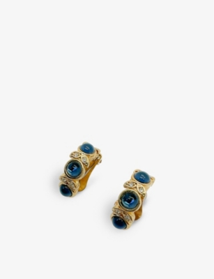 Shop Jennifer Gibson Jewellery Womens Gold Blue Pre-loved Embellished Gold-tone Metal Huggie Earrings