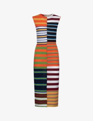 Marni Striped Patchwork Sleeveless Midi Dress In Multi-coloured