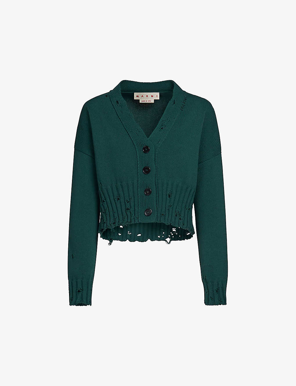 Shop Marni Cropped Rip-effect Cotton-knit Cardigan In Green