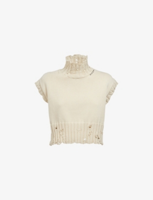 Shop Marni Women's Stone White Boxy-fit Distressed Cotton-knit Vest Top