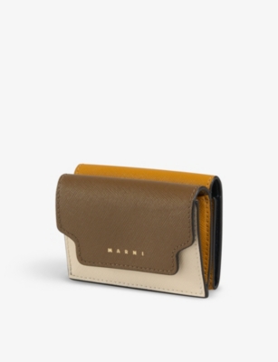 Shop Marni Women's Cigar/shell/pumpkin Logo-print Leather Trifold Wallet