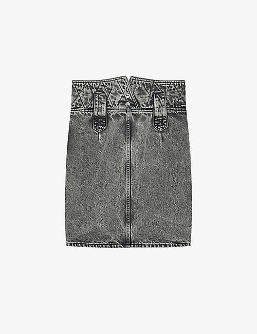 IRO: Jazzino wide-waistband faded denim midi skirt