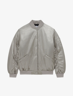 Ribbed Collar Leather Bomber Jacket