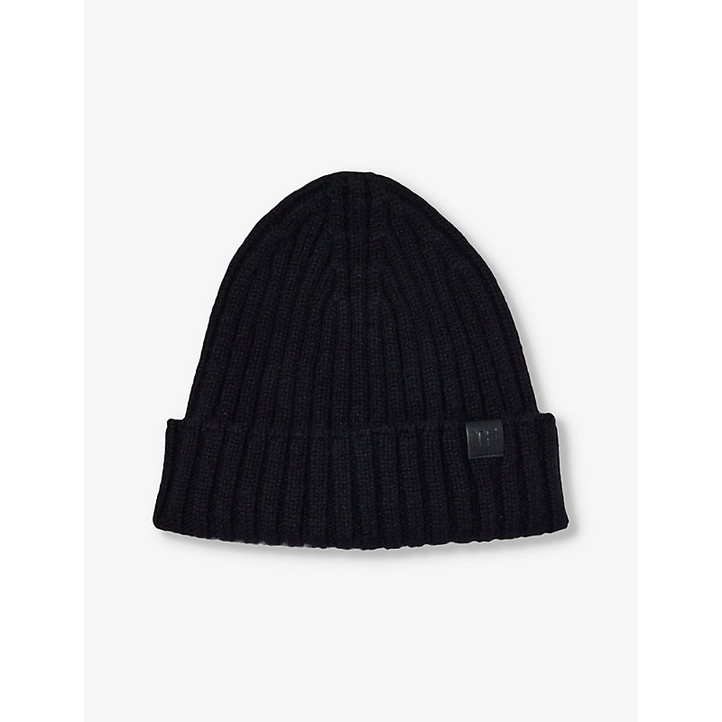 TOM FORD TOM FORD MEN'S BLACK BRAND-PATCH RIBBED CASHMERE BEANIE