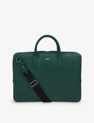 Smythson Mens Green Panama Logo-embossed Slim Leather Briefcase