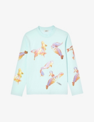 SANDRO SANDRO MEN'S BLEUS GOLDFISH-PRINT LONG-SLEEVE COTTON T-SHIRT