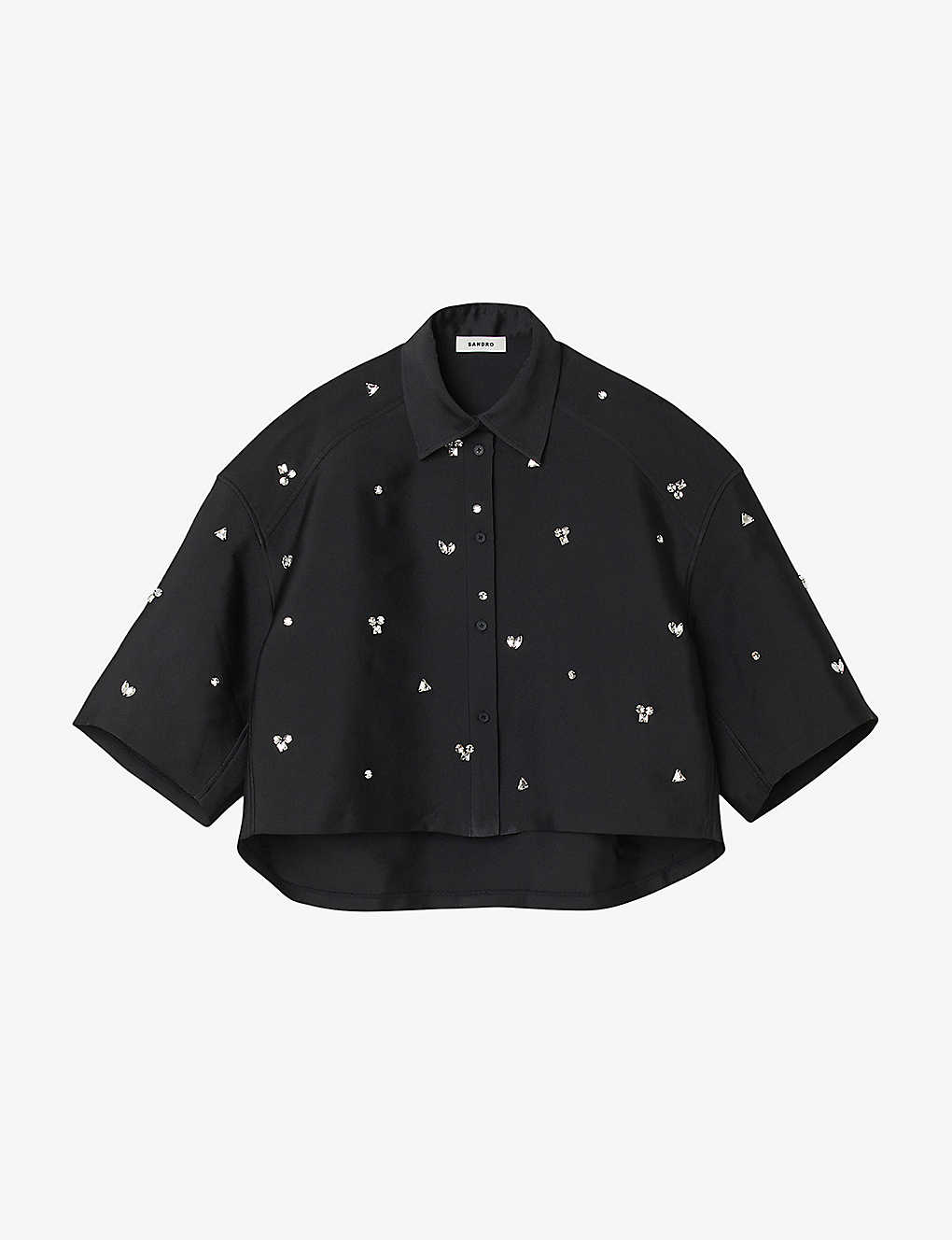 Sandro Womens Black Crystal-embellished Woven Shirt In Noir / Gris