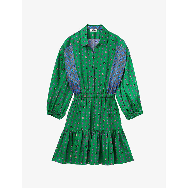 Sandro Womens Verts Graphic-print Ruffle-hem Woven Mini Dress