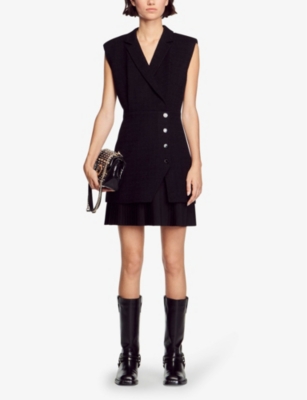Shop Sandro Women's Noir / Gris Alexandrie V-neck Pleated Cotton-blend Mini Dress In Black