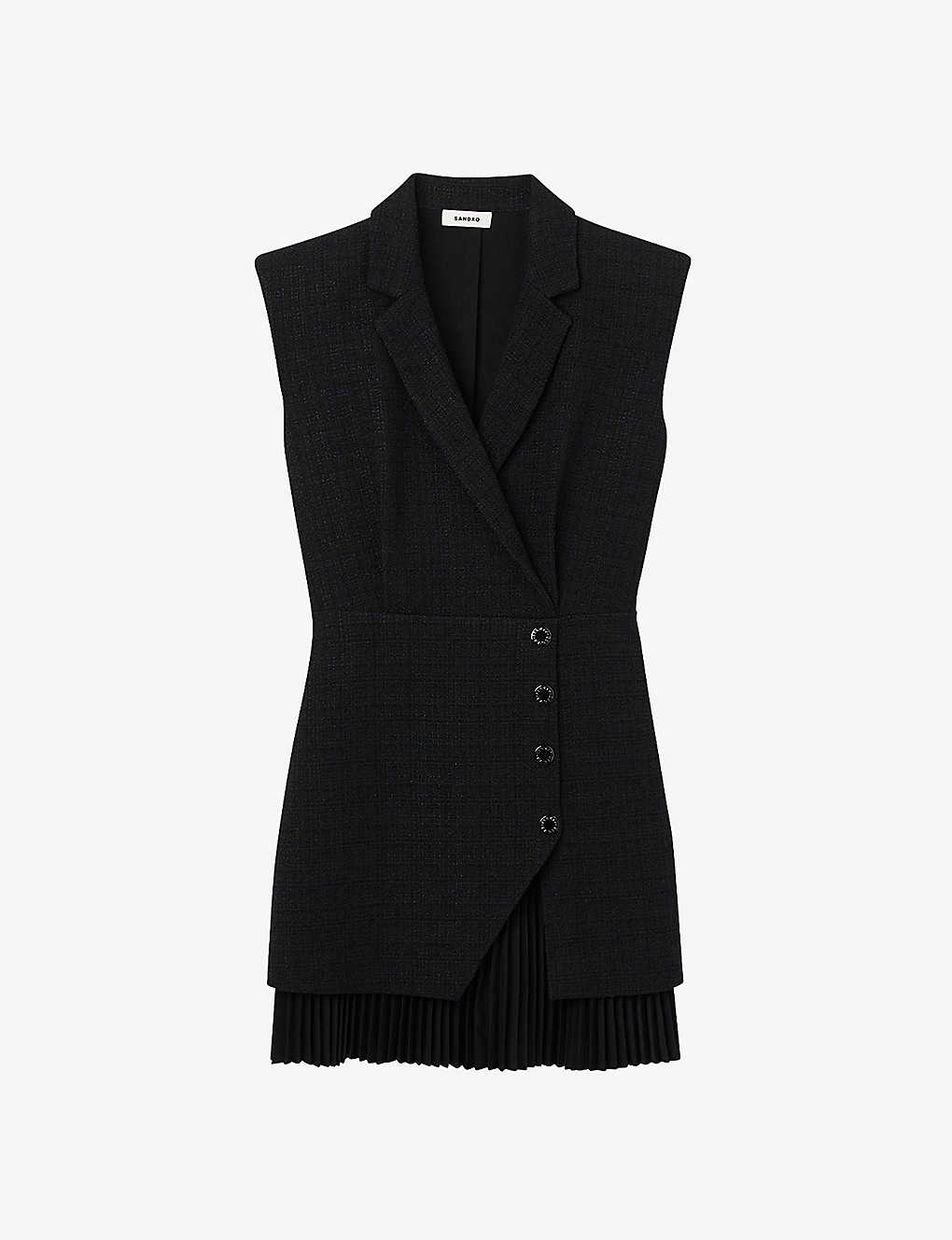 Sandro Womens Black Alexandrie V-neck Pleated Cotton-blend Mini Dress