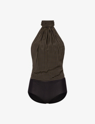 PHILOSOPHY DI LORENZO SERAFINI PHILOSOPHY DI LORENZO SERAFINI WOMEN'S FANTASY PRINT BLACK POLKA-DOT HALTERNECK WOVEN BODYSUIT