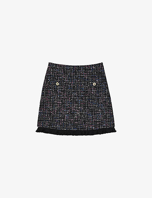 SANDRO: Keithy ruffle-trim tweed mini skirt