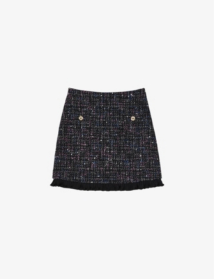 Sandro Keithy Ruffled Tweed Skirt In Noir / Gris