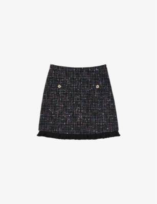 SANDRO SANDRO WOMEN'S NOIR / GRIS KEITHY RUFFLE-TRIM TWEED MINI SKIRT