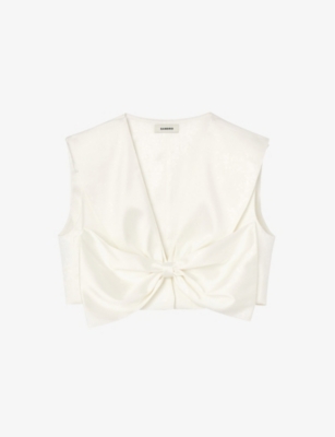 SANDRO: Passy bow-embellished stretch-satin crop top