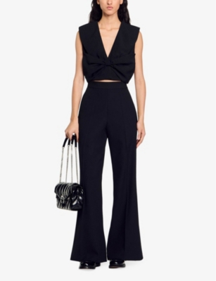 SANDRO: Passy bow-embellished stretch-satin crop top