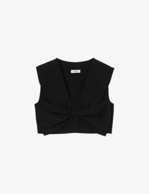 SANDRO: Passy bow-embellished stretch-satin crop top