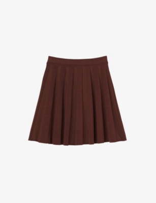 Sandro Glass Pleated Ribbed Knit Skirt In Brown