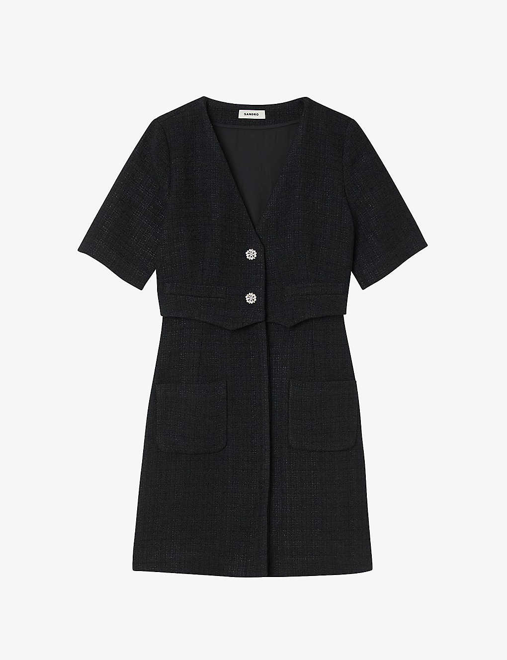 Sandro Womens Black Manhattan V-neckline Tweed Cotton-blend Mini Dress In Noir / Gris