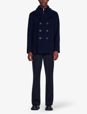 Sandro Mens Bleus Double-breasted Notched-lapel Regular-fit Wool-blend Coat In Bleus
