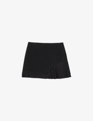 Sandro Womens Black Alexy Pleated-trim Woven Mini Skirt In Noir / Gris