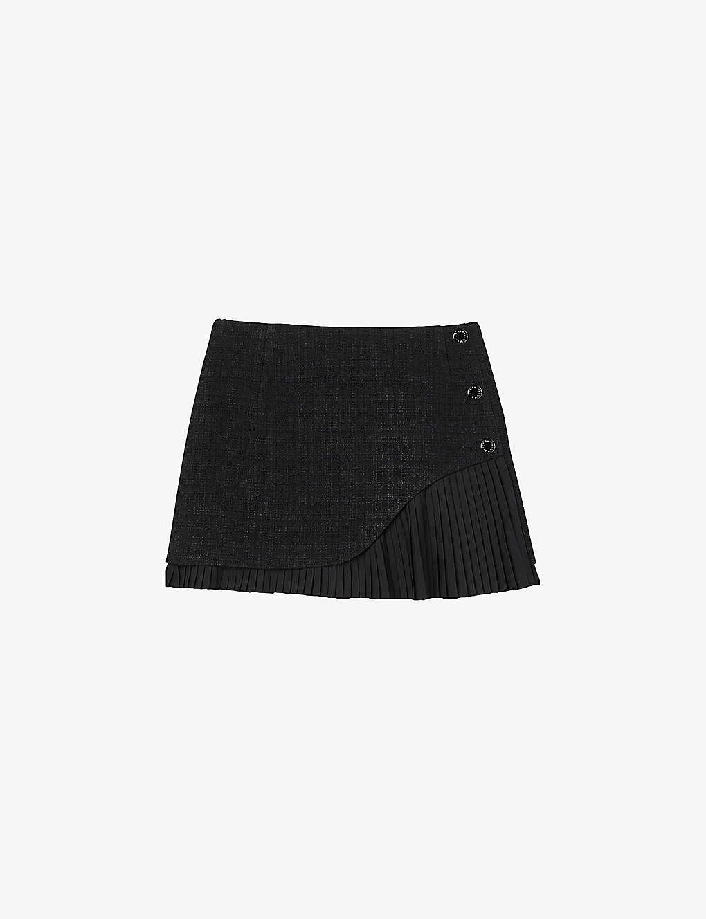 Sandro Womens Black Alexy Pleated-trim Woven Mini Skirt In Noir / Gris