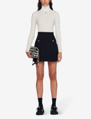 Shop Sandro Women's Noir / Gris High-rise Pleated Tweed Mini Skirt