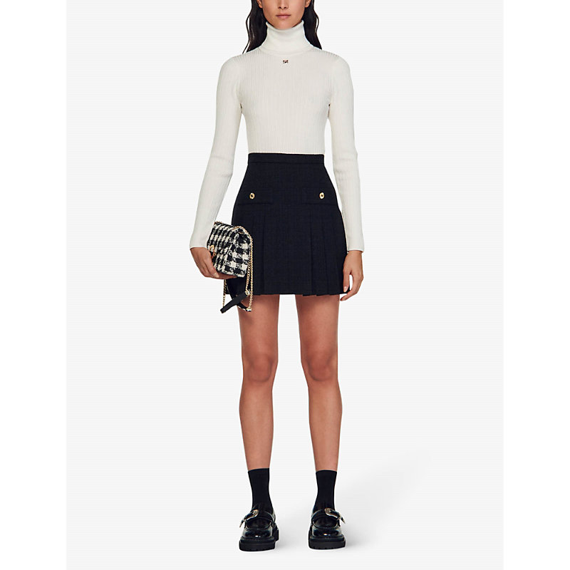 Shop Sandro Women's Noir / Gris High-rise Pleated Tweed Mini Skirt