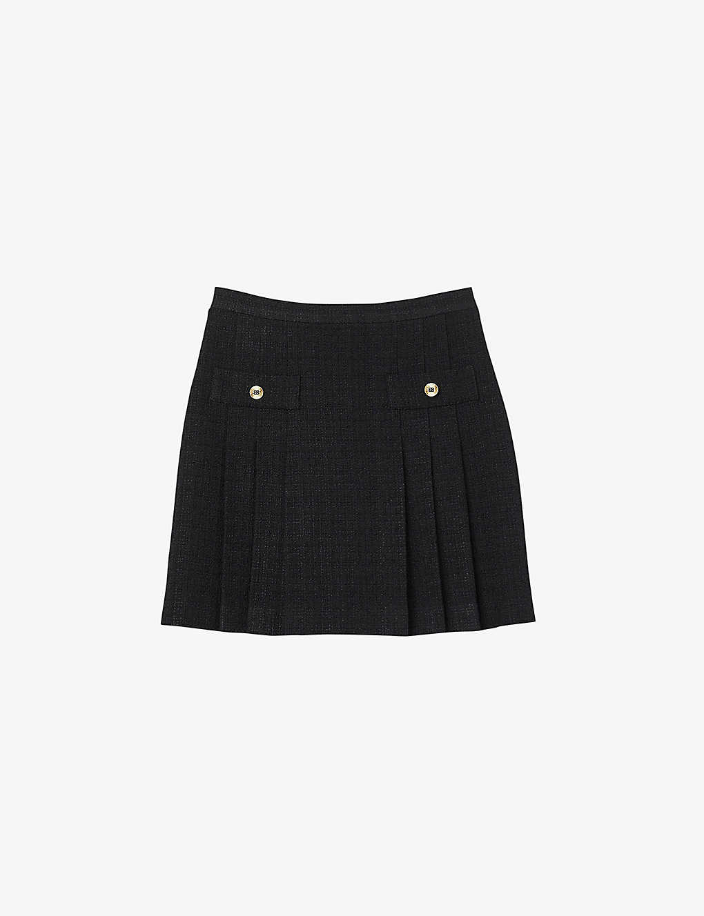 Shop Sandro Womens Noir / Gris High-rise Pleated Tweed Mini Skirt