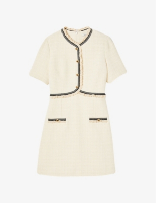Shop Sandro Womens Naturels Nava Ruffle-neck Long-sleeve Tweed Mini Dress In Cream