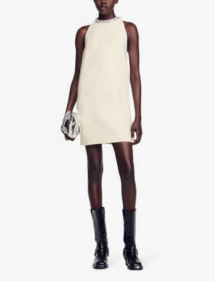 Sandro Womens Naturels Dorinna Crystal-embellished Tweed Mini Dress In Naturels