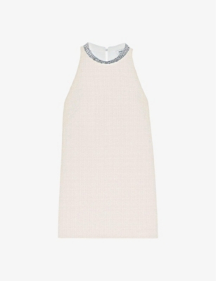 Sandro Womens Naturels Dorinna Crystal-embellished Tweed Mini Dress In Naturels