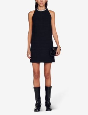 Shop Sandro Womens Noir / Gris Dorinna Crystal-embellished Tweed Mini Dress In Black