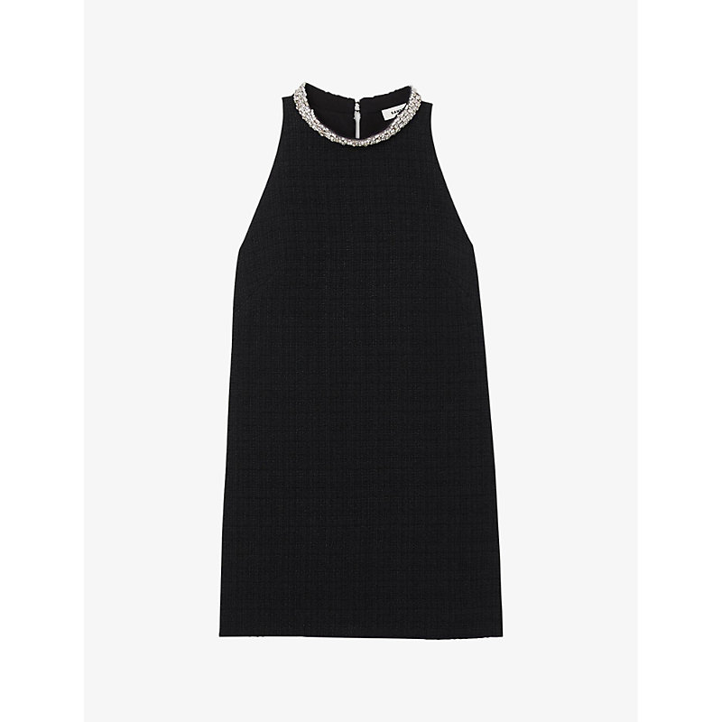 Shop Sandro Womens Noir / Gris Dorinna Crystal-embellished Tweed Mini Dress In Black