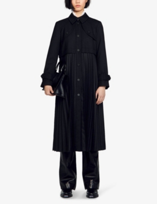 Shop Sandro Women's Noir / Gris Samy Pleated Woven Trench Coat