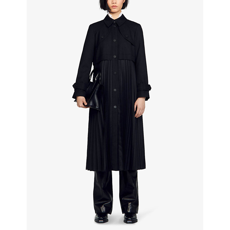 Shop Sandro Women's Noir / Gris Samy Pleated Woven Trench Coat