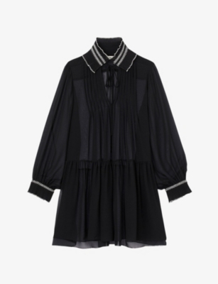 Sandro Womens Black Jacintha Tie-neck Long-sleeve Woven Mini Dress In Noir / Gris