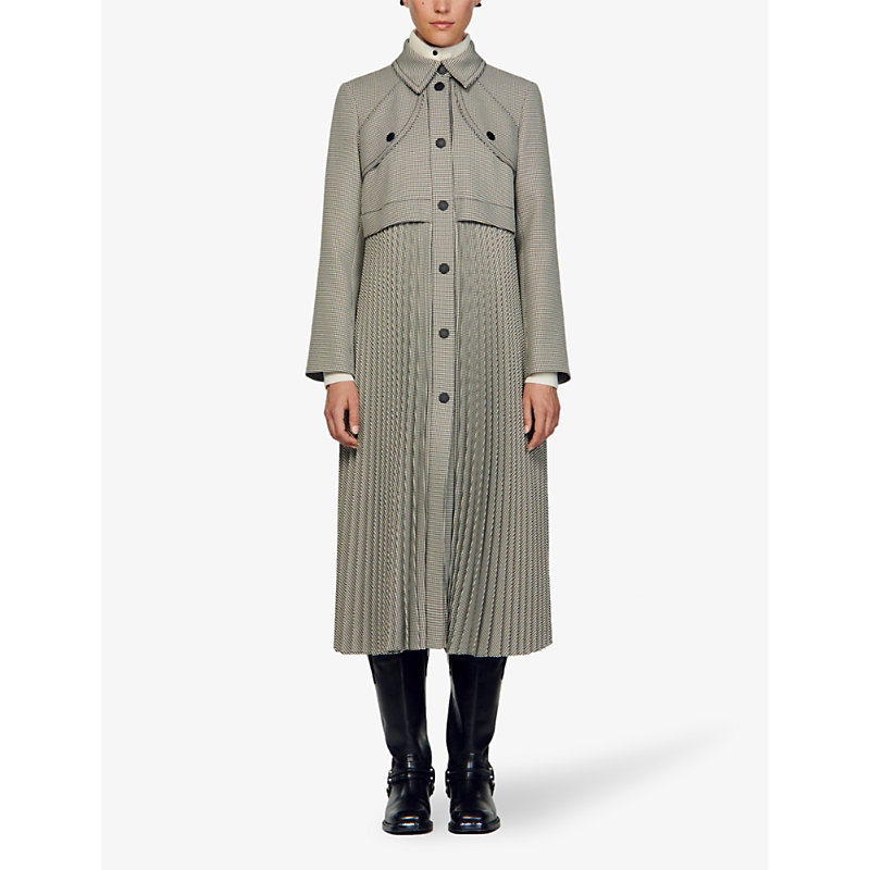 Shop Sandro Women's Noir / Gris Houndstooth-pattern Collared Woven Trench Coat In Grey